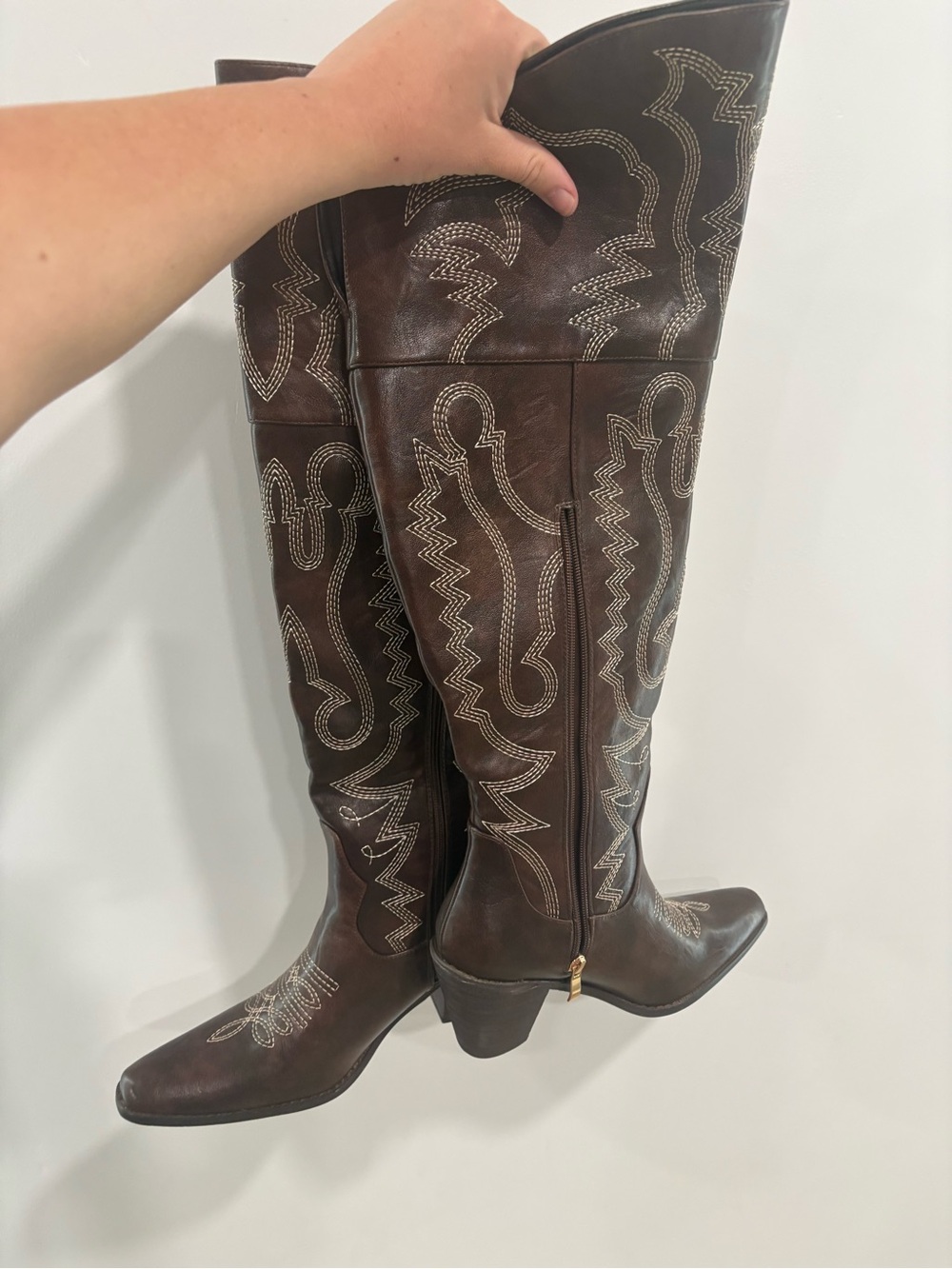 Embroidered Tall Brown Leather Cowboy Boots - Picture 5 of 9